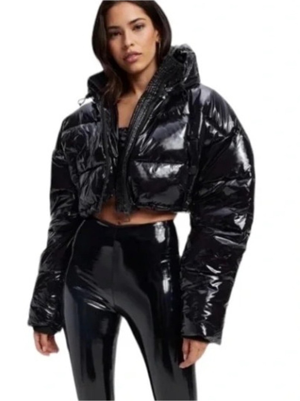 Good American Black Cropped Puffer Jacket Glossy Finish Sz 2 or small